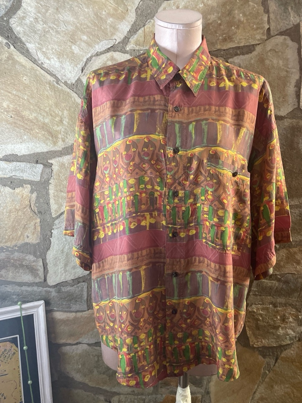 Vintage Silks 100% Silk Abstract Geometric Print Button-Up Shirt